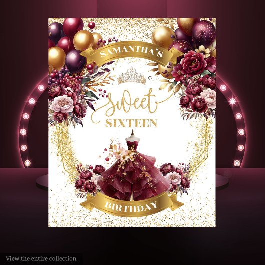 Tenture Élégant Sweet 16 fond Bourgogne robe Ballons