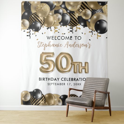 Tenture Elégante Parties scintillant Noire Or 50e Annivers (En situation)