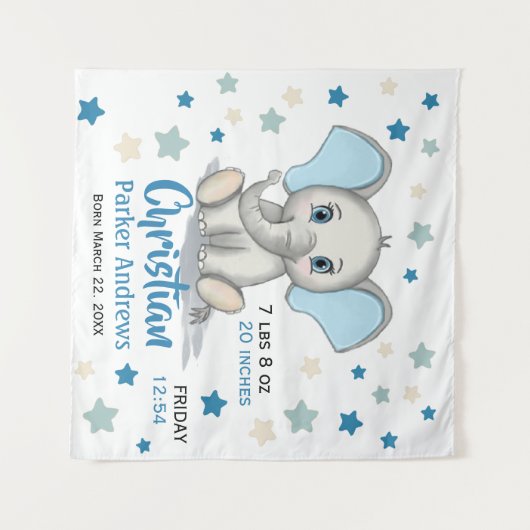 Tenture Eléphant Bébé mignon avec oreilles bleues Boy Stat (Devant (Horizontal))