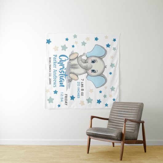 Tenture Eléphant Bébé mignon avec oreilles bleues Boy Stat (En situation (horizontale))