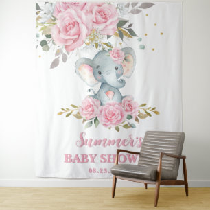 Tenture Elephant Bébé rose Baby shower floral fond