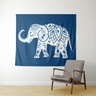 Tenture Éléphant bleu à motif orné