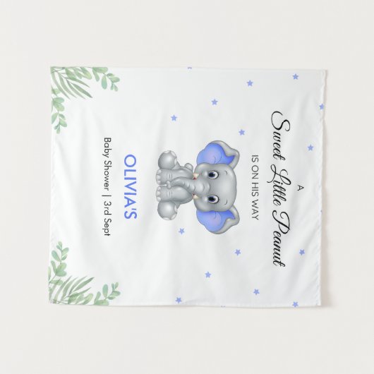 Tenture Elephant Blue Stars Boy Baby shower fond (Devant (Horizontal))