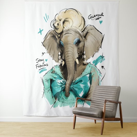 Tenture Éléphant de Glamour Fabuleux avec Perles (En situation)