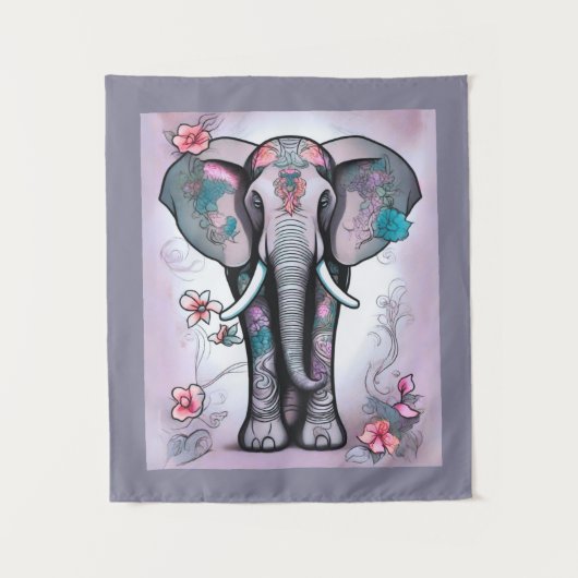 Tenture Éléphant indien gris orné de fleurs (Devant)