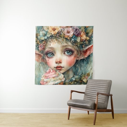 Tenture Elfe adorable avec un cupcake (En situation)