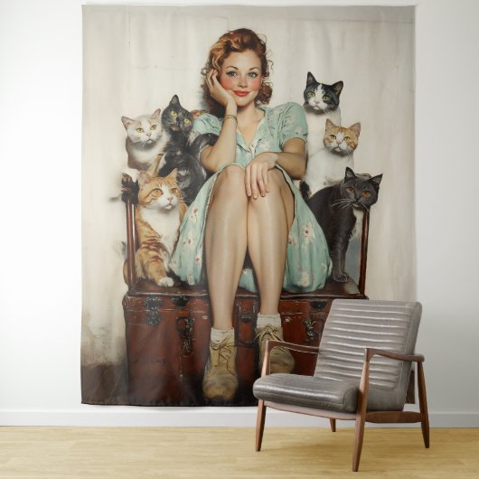 Tenture Embracer les Vibes de Lady Cat Retro Crazy (En situation)