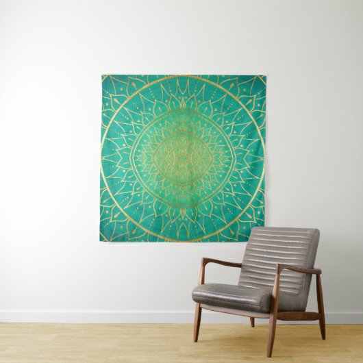 Tenture Emerald Gold Mandala Green (En situation)