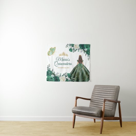 Tenture Emerald Green Floral Quinceañera Gold Affiche de b (En situation (horizontale))