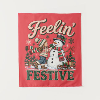 Tenture Enfant qui sent Noël Festif Bonhomme de Neige