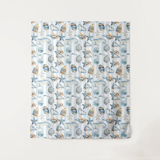 Tenture Eté Plage Coquillage Aquarelle Bleu Blanc (Devant)