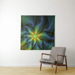 Tenture Etoile Abstraite, Bleu brillant Vert Or Fractal Ar