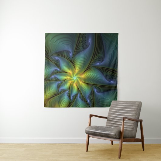 Tenture Etoile Abstraite, Bleu brillant Vert Or Fractal Ar (En situation)