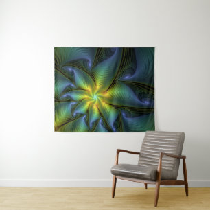Tenture Etoile Abstraite, Bleu brillant Vert Or Fractal Ar
