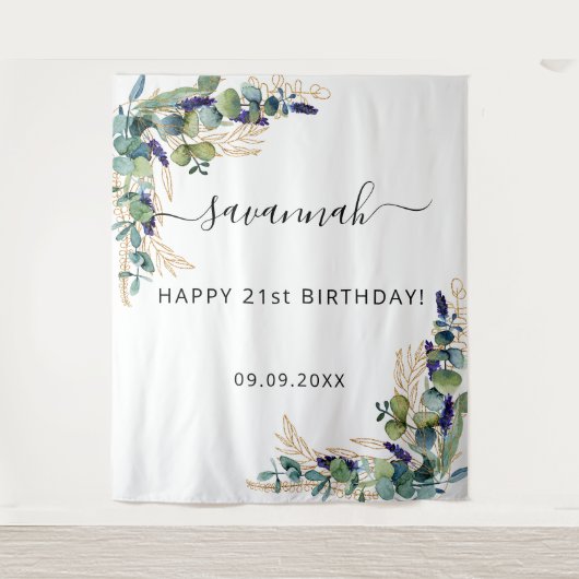 Tenture Eucalyptus de fête d'anniversaire monogramme doré (Devant)