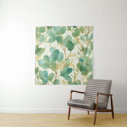 Tenture Eucalyptus Feuille Green et Gold Design (En situation)