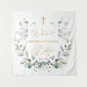 Tenture Eucalyptus Green Cross Baby Baptism Tapestry