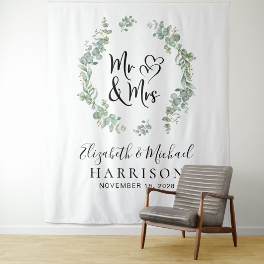 Tenture Eucalyptus Greenery M. Mme Mariage Photo Booth (En situation)