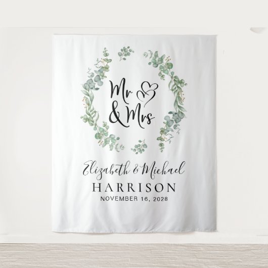 Tenture Eucalyptus Greenery M. Mme Mariage Photo Booth (Devant)