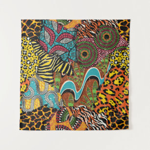 Tenture Fabric africain : Patchwork d'animaux sauvages.