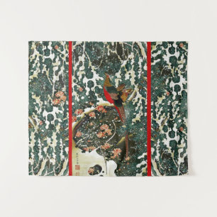 Tenture Faisans dans la neige, arbre pin, roses, fleurs ja