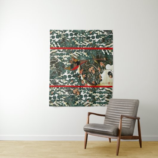 Tenture Faisans dans la neige, pin, roses, fleurs japonais (En situation)