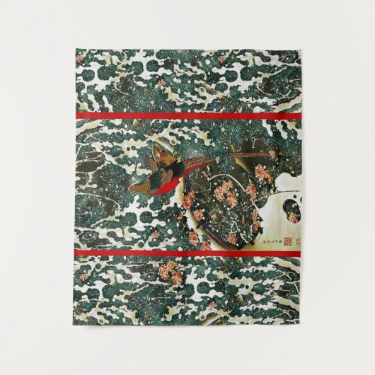 Tenture Faisans dans la neige, pin, roses, fleurs japonais (Devant)
