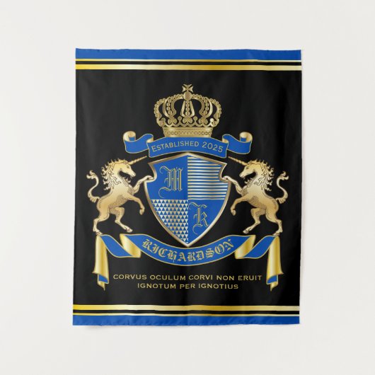 Tenture Faites votre propre blason Unicorn Emblem Bleu (Devant)