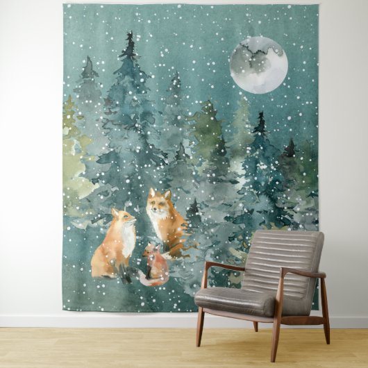 Tenture Famille Fox en forêt Pleine lune neige (En situation)