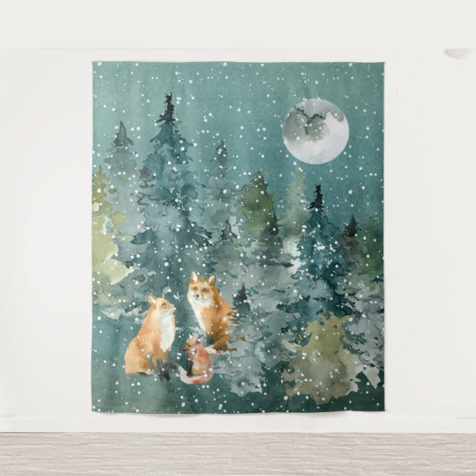Tenture Famille Fox en forêt Pleine lune neige (Devant)