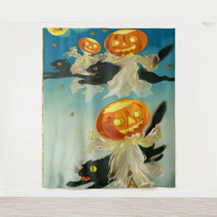 Tenture Fantômes Citrouilles vintages d'Halloween et chats
