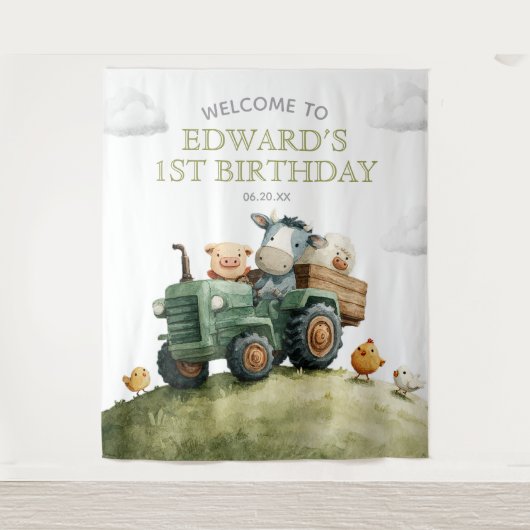 Tenture Farm Animals Tractor Birthday Photo Backdrop (Devant)