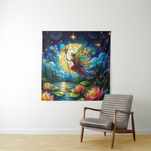 Tenture Fée de vol au clair de lune en verre coloré
