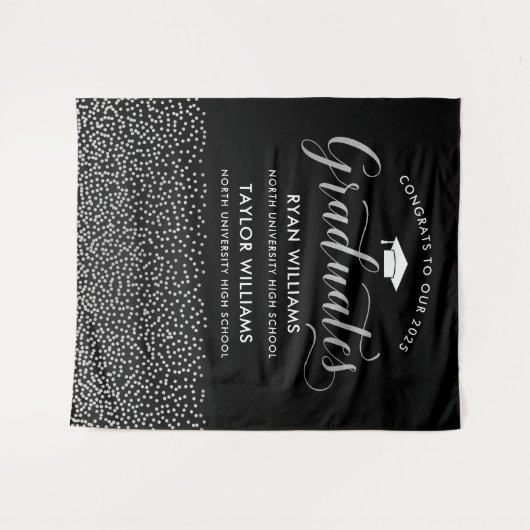 Tenture Félicitations deux diplômés Black Silver Confetti  (Devant (Horizontal))