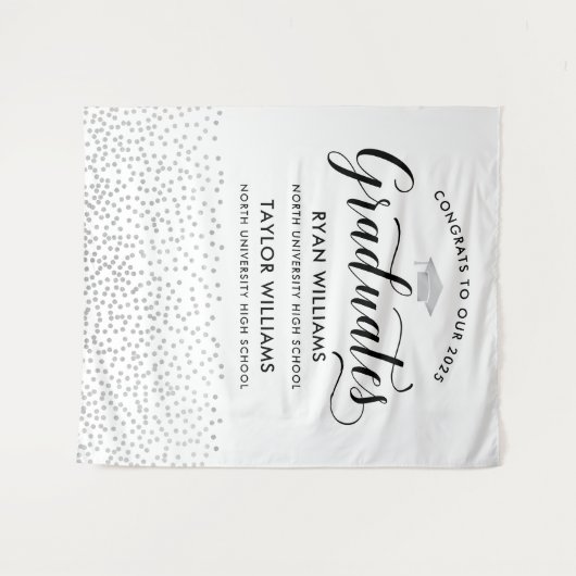 Tenture Félicitations Deux Diplômés Silver Confetti Party (Devant (Horizontal))