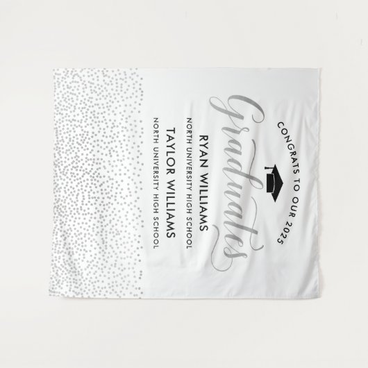 Tenture Félicitations Deux Diplômés Silver Confetti Party (Devant (Horizontal))