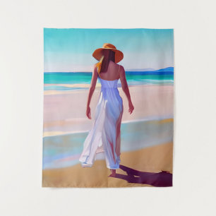Tenture Femme en blanc sur la plage