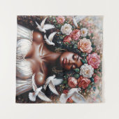 Tenture Femme noire avec colombes et fleurs (Devant (Horizontal))