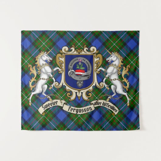 Tenture Fergusson Clan Badge & Unicorns avec Tartan (Devant (Horizontal))