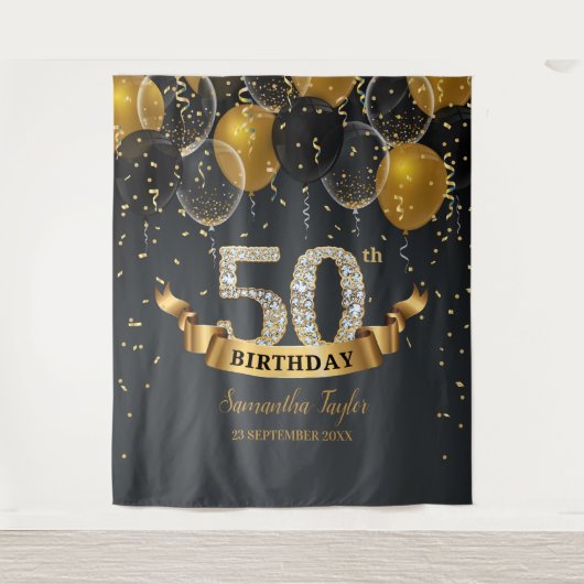 Tenture Fête d'anniversaire 50 ans diamant ballons noirs o (Devant)