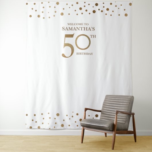 Tenture Fête d'anniversaire 50 ans Fond de confettis blanc (En situation)