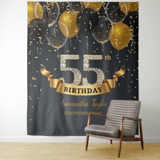 Tenture Fête d'anniversaire 55 ans ballons diamant noir or (En situation)