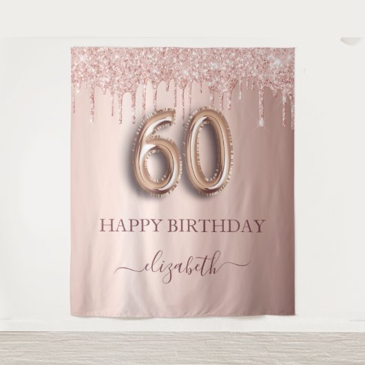 Tenture Fête d'anniversaire 60 ans rose poudré paillettes (Devant)