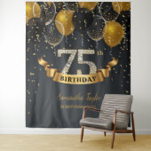 Tenture Fête d'anniversaire 75 ans diamant ballons noir or (En situation)