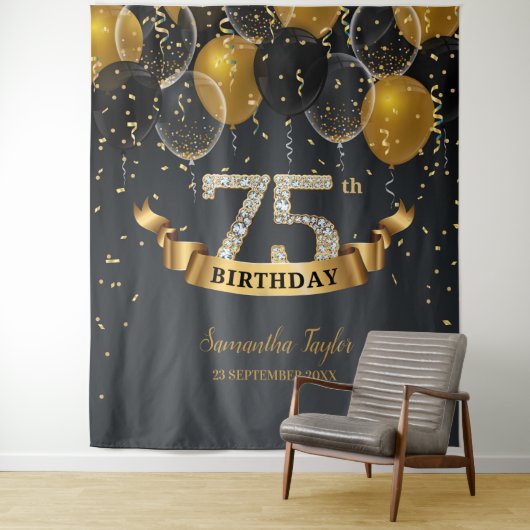 Tenture Fête d'anniversaire 75 ans diamant ballons noir or (En situation)