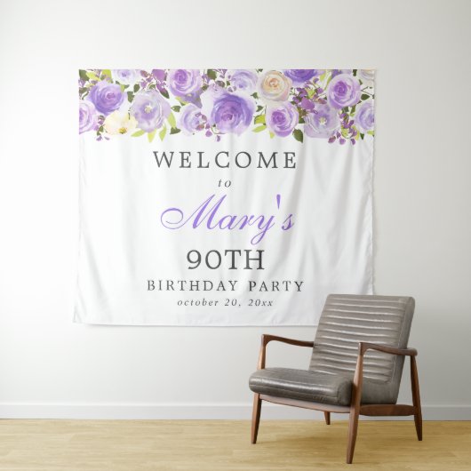 Tenture Fête d'anniversaire 90 ans Purple Rose Floral (En situation (horizontale))