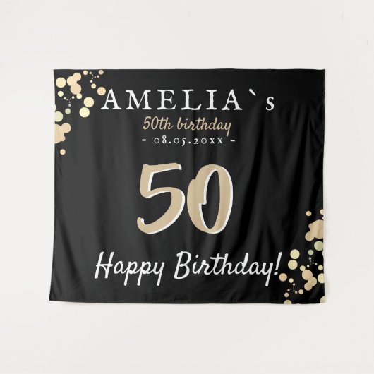 Tenture Fête d'anniversaire de 50 ans Fond noir doré (Devant (Horizontal))