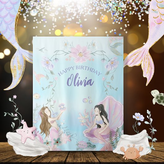 Tenture Fête d'anniversaire de sirènes à l'aquarelle fanta