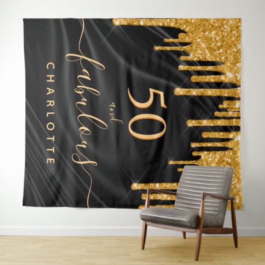 Tenture Fête d'anniversaire fabuleuse paillettes satin noi (En situation (horizontale))