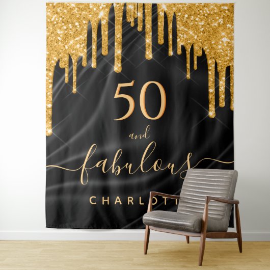 Tenture Fête d'anniversaire fabuleuse paillettes satin noi (En situation)